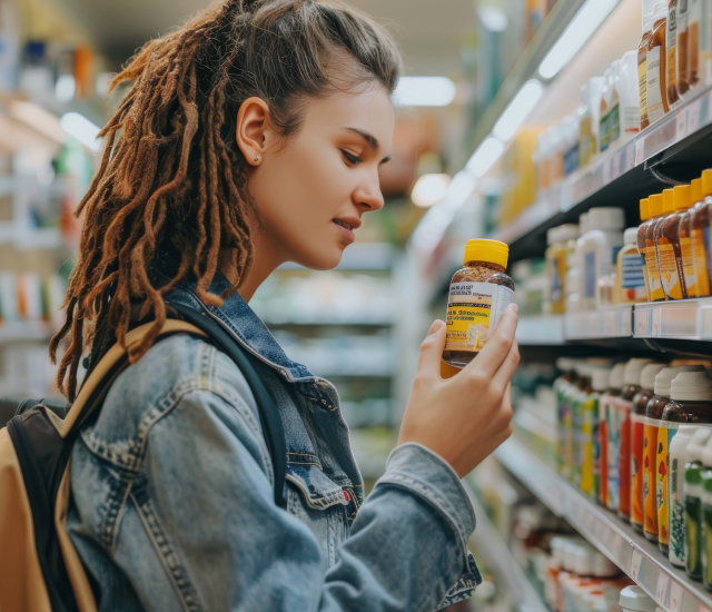 Woman checking dietary supplement bottle in health store aisle