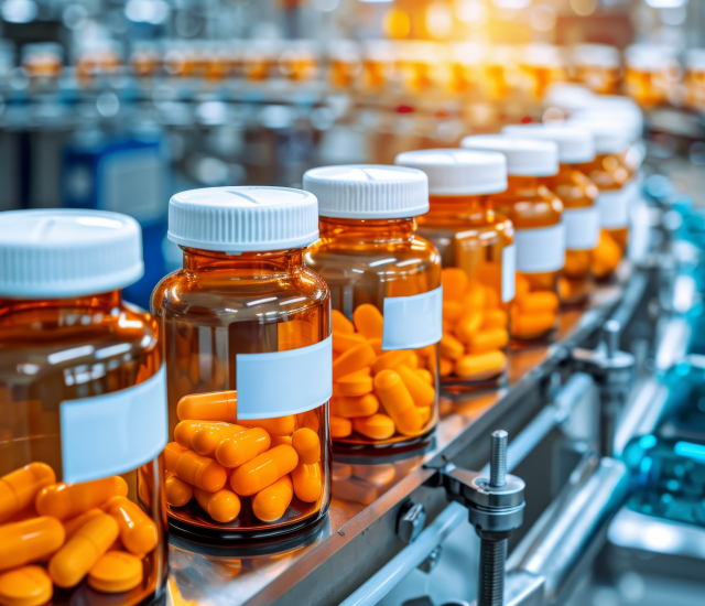 Supplement bottles moving on conveyor belt